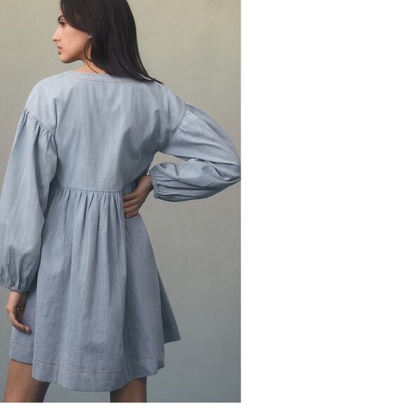 NEW By Anthropologie Long-Sleeve Square-Neck Denim Babydoll Mini Dress size S - Picture 3 of 7
